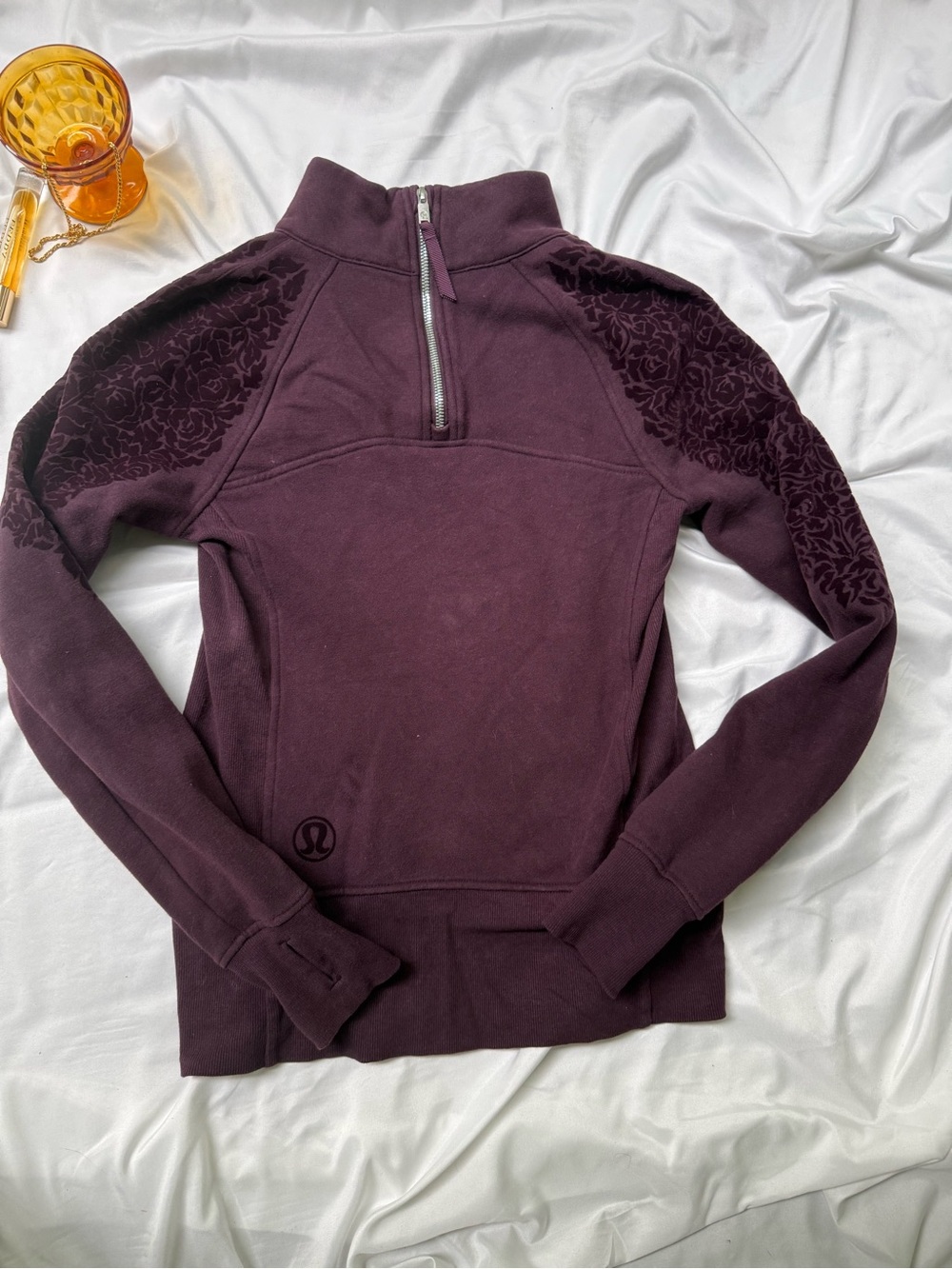 Lululemon Floral Flock Pullover Black Cherry Velvet Back Zip HTF